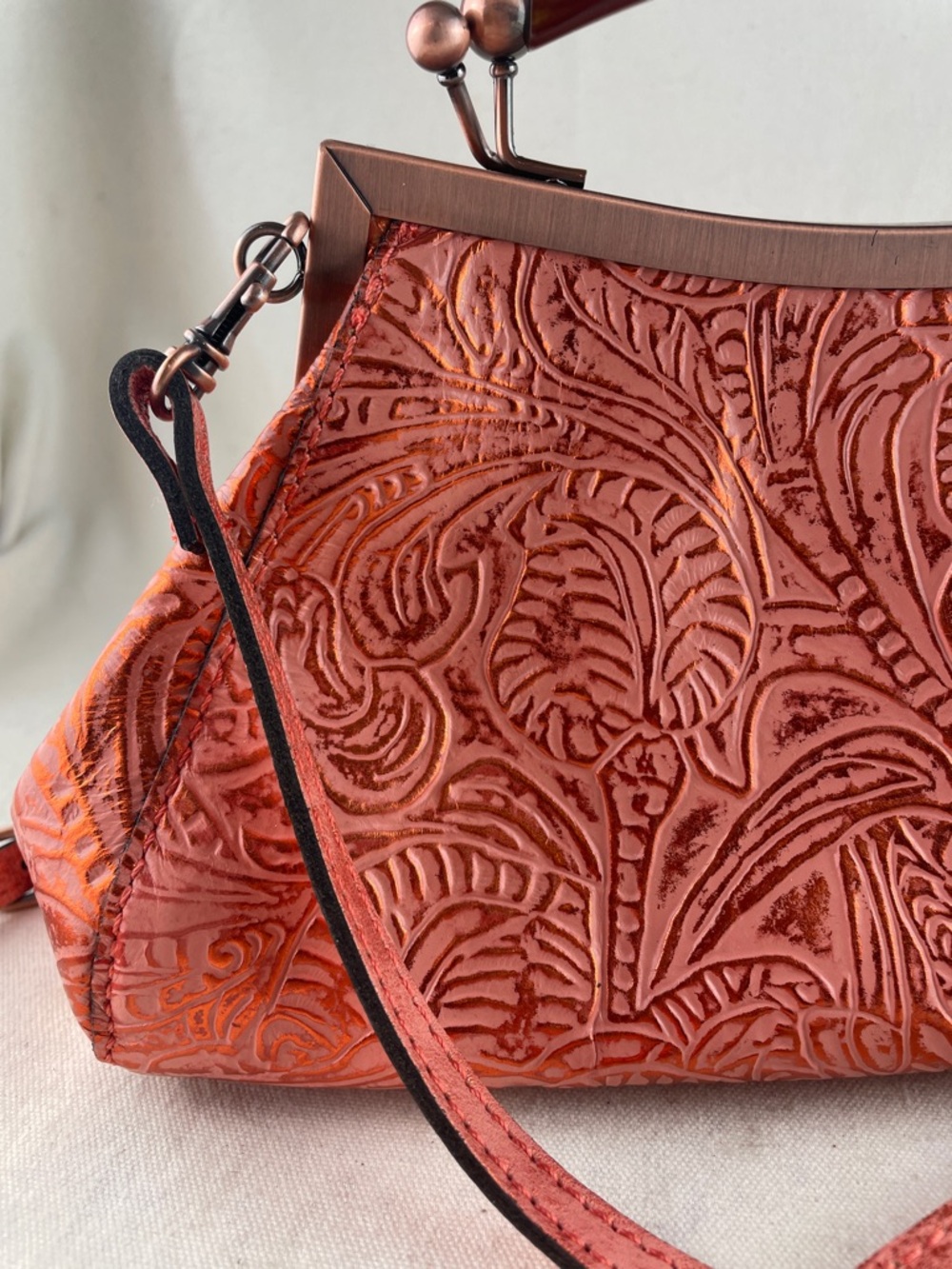 Patricia Nash Embossed Floral Leather Crossbody Bag in Coral - Picture 4 of 13